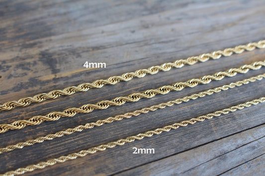 Gold plated rope chain necklace, 2mm 4mm thick