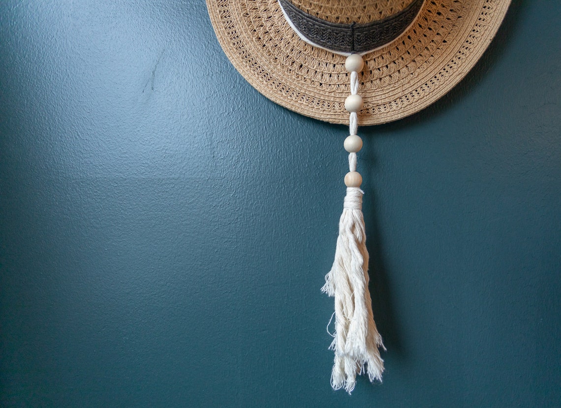 Wooden Beaded Macrame Hat Hanger, color beige