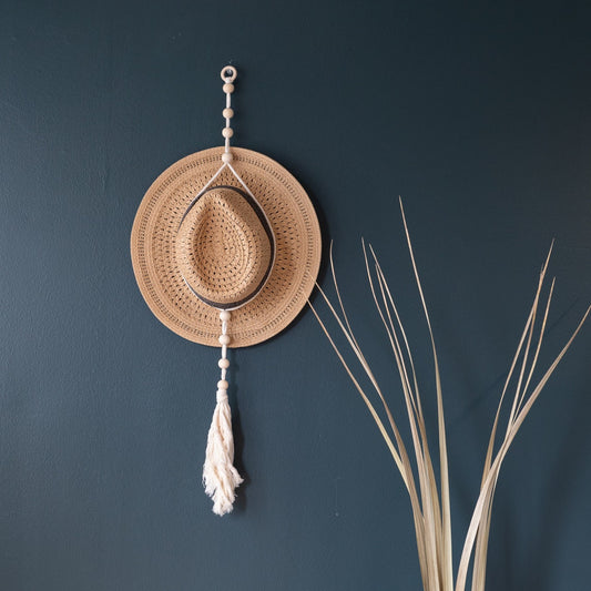 Wooden Beaded Macrame Hat Hanger, color beige