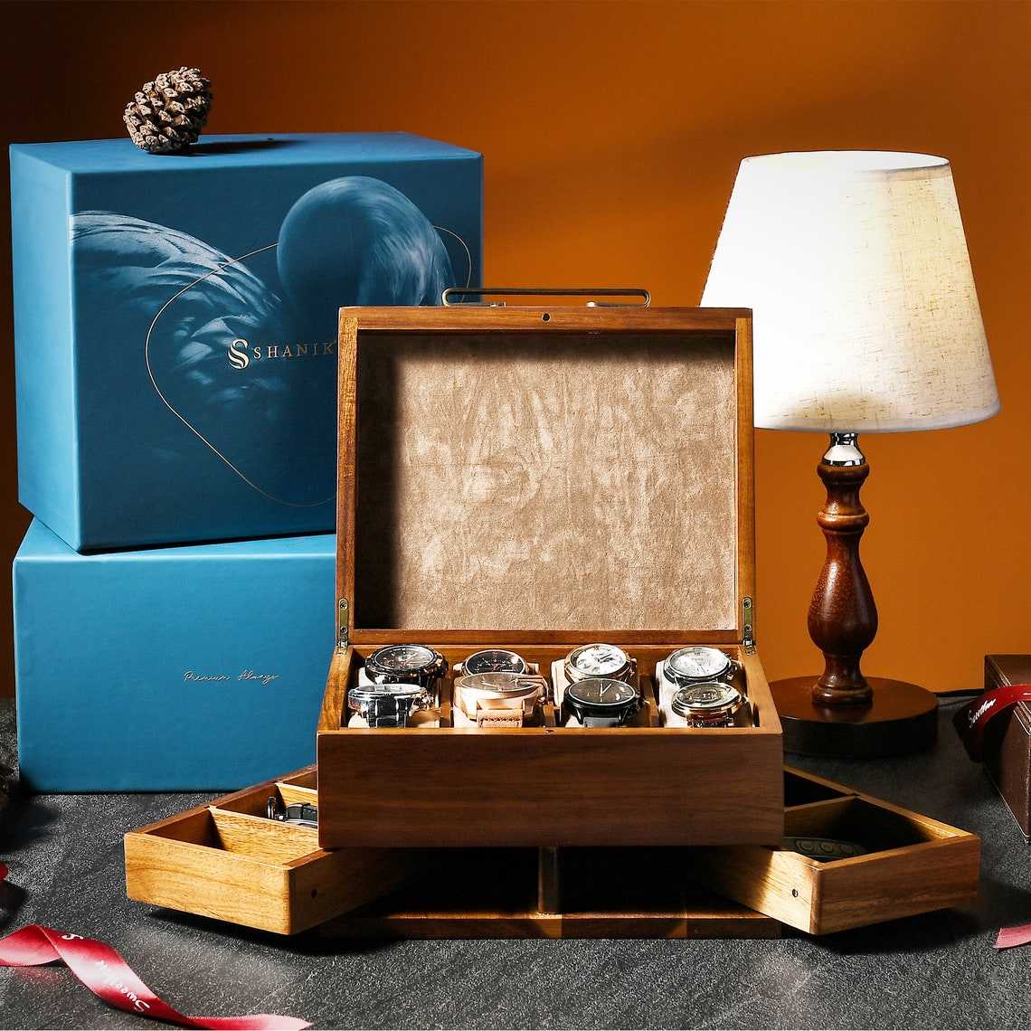 Walnut Finish Watch Box Organizer, Ying Yang 10.2 x 8.2 x 5.7