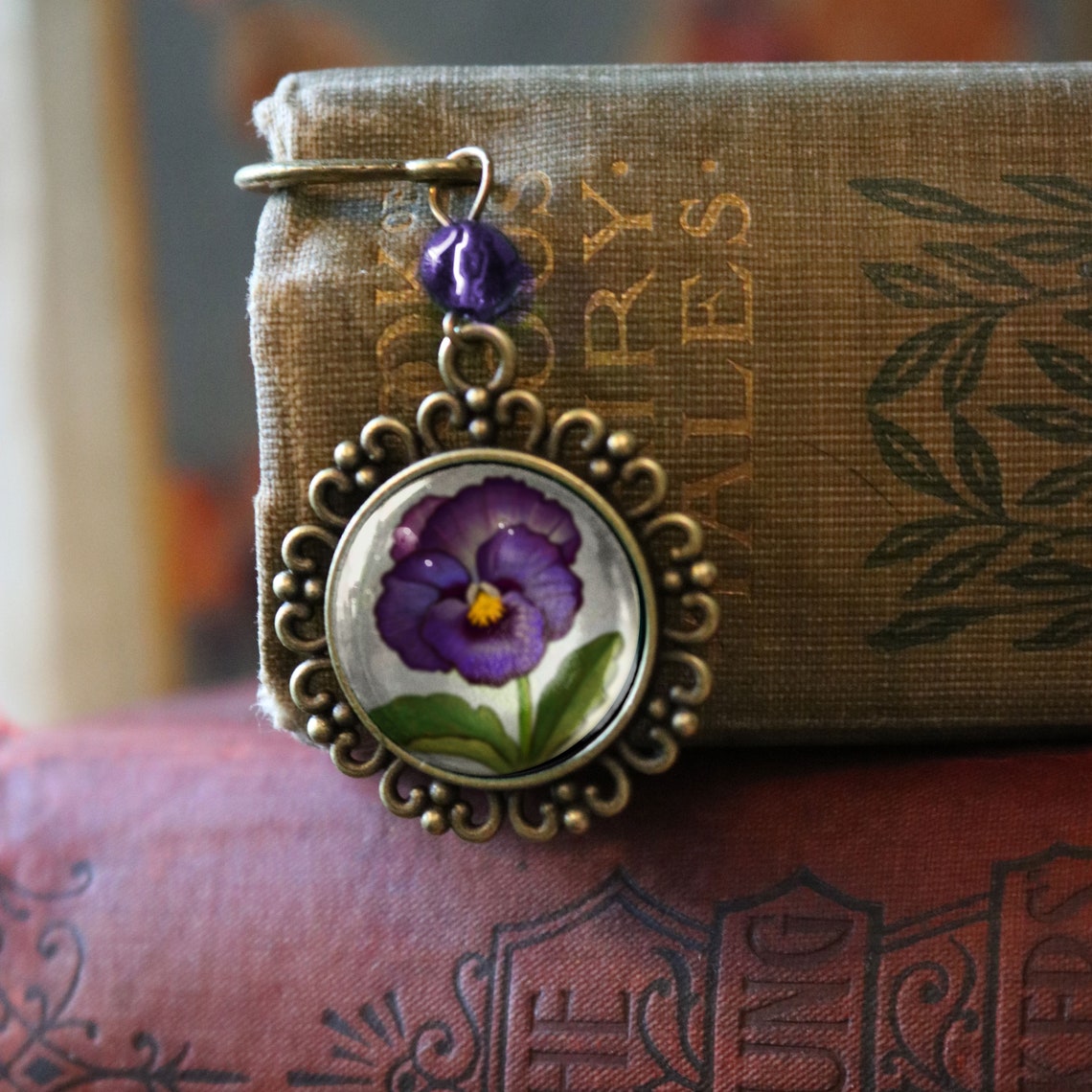 Brass Bookmark with Glass Cabochon (Purple Flower)