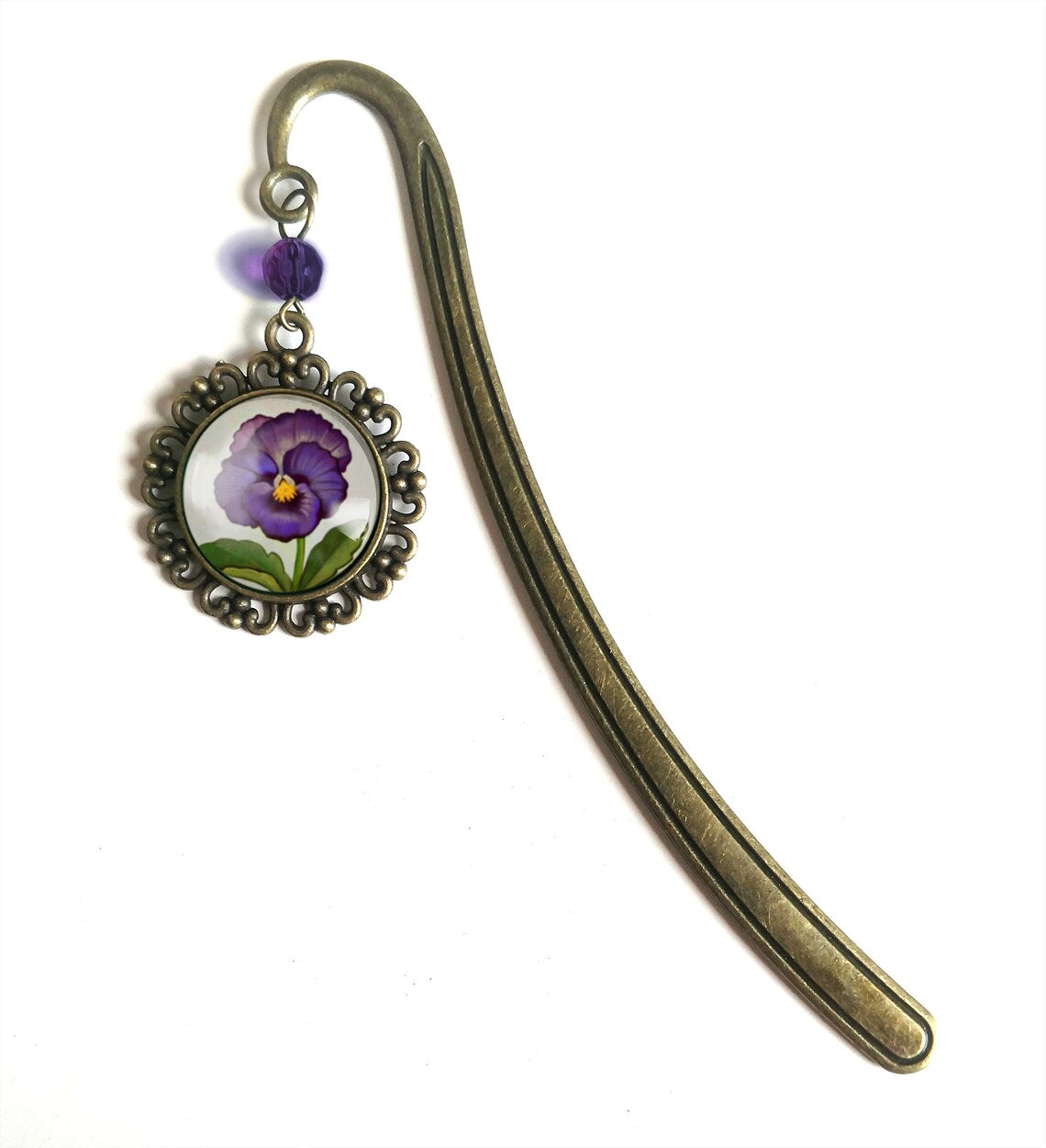 Brass Bookmark with Glass Cabochon (Purple Flower)