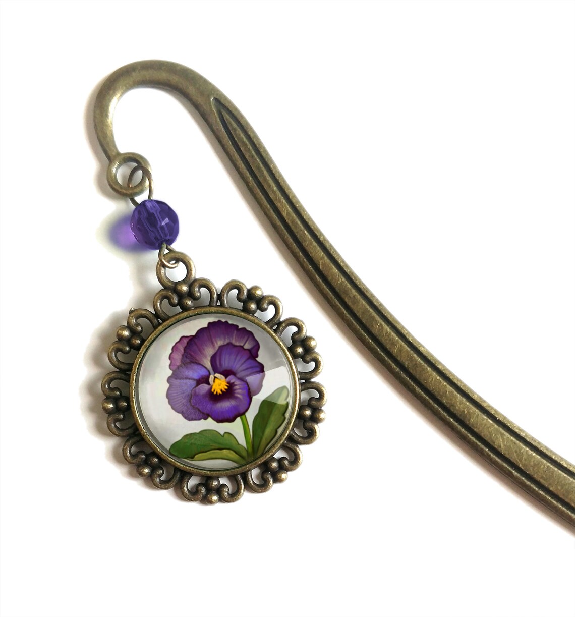 Brass Bookmark with Glass Cabochon (Purple Flower)