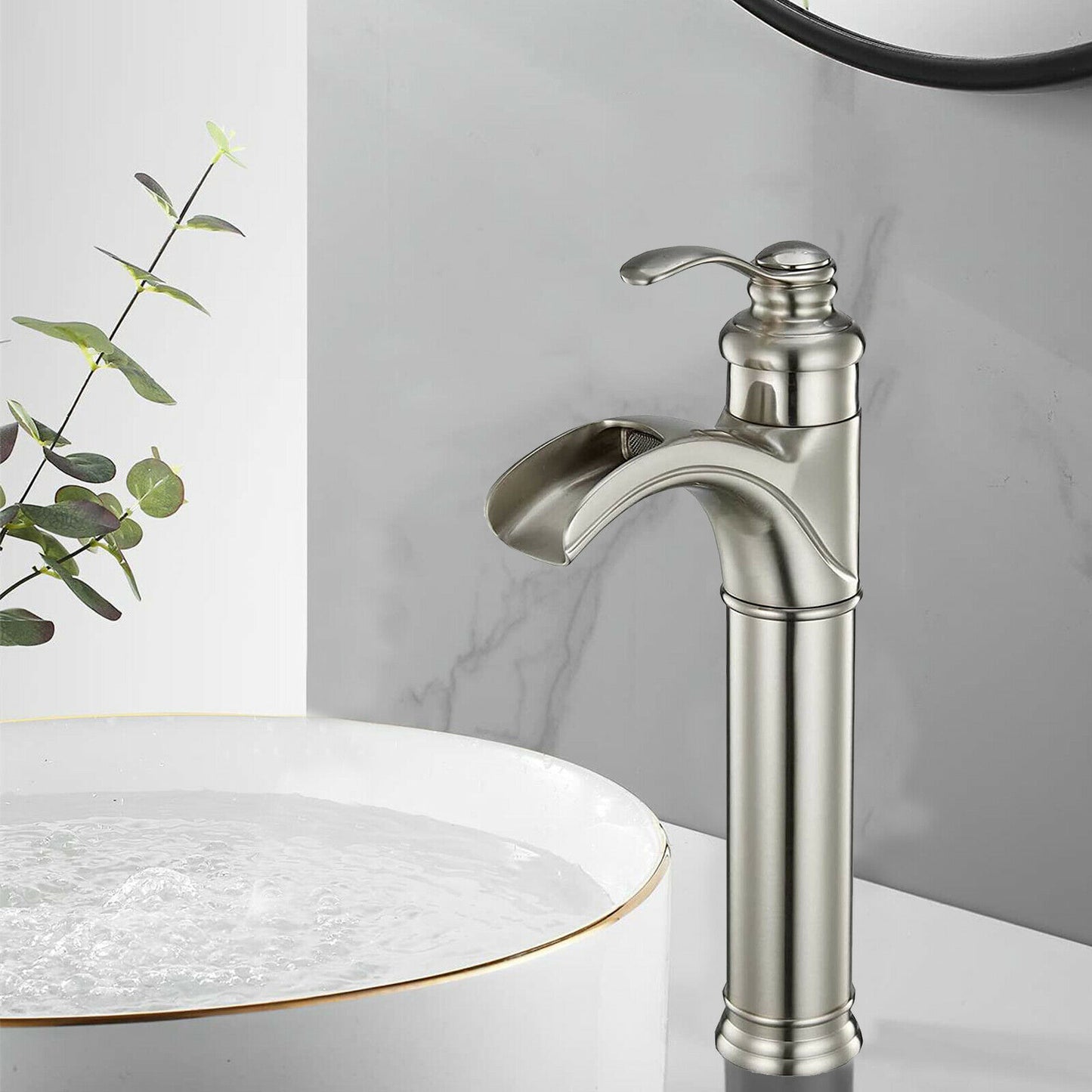 Tall Brushed Nickel Waterfall Faucet with Drain