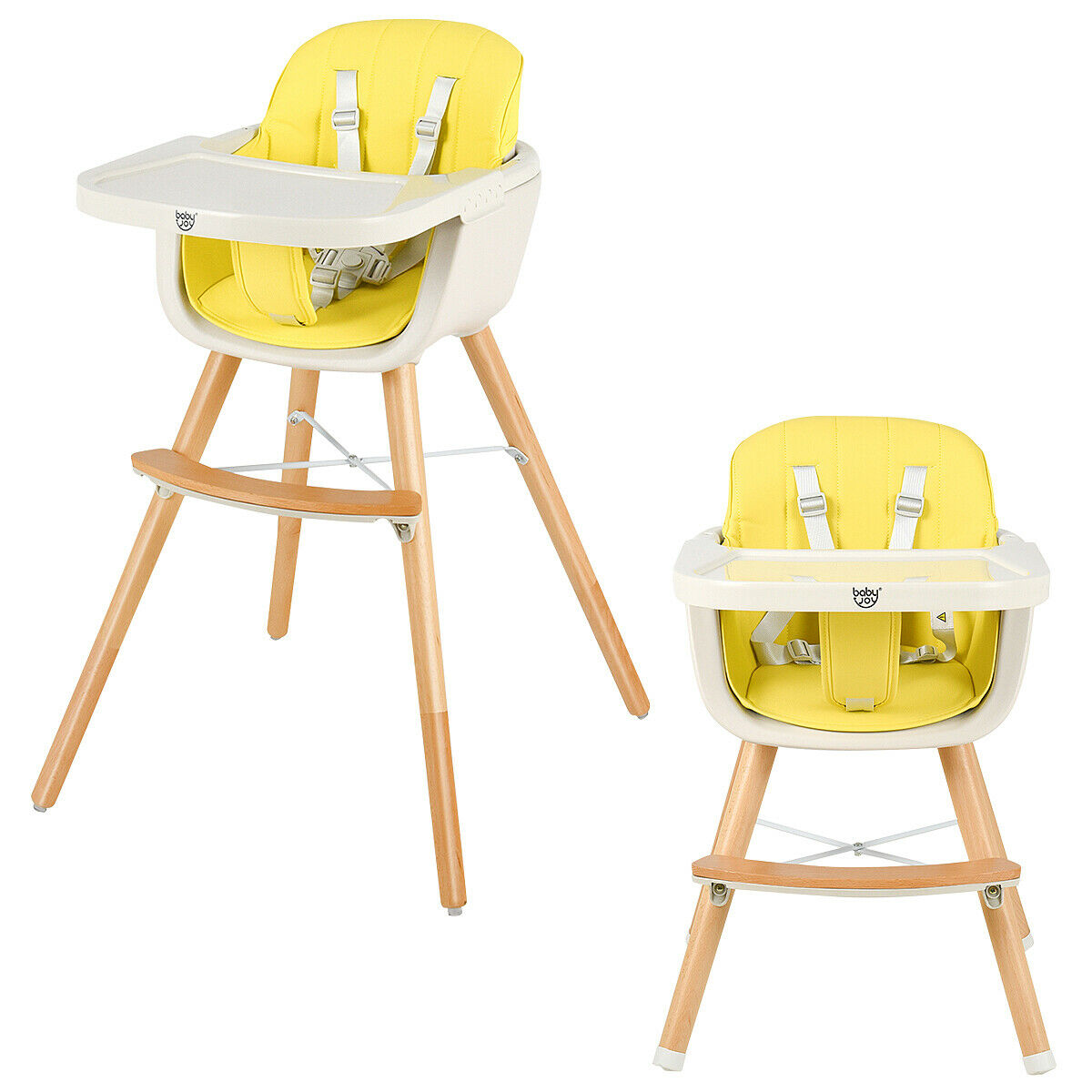 Convertible 3-in-1 wooden highchair for babies, yellow cushion