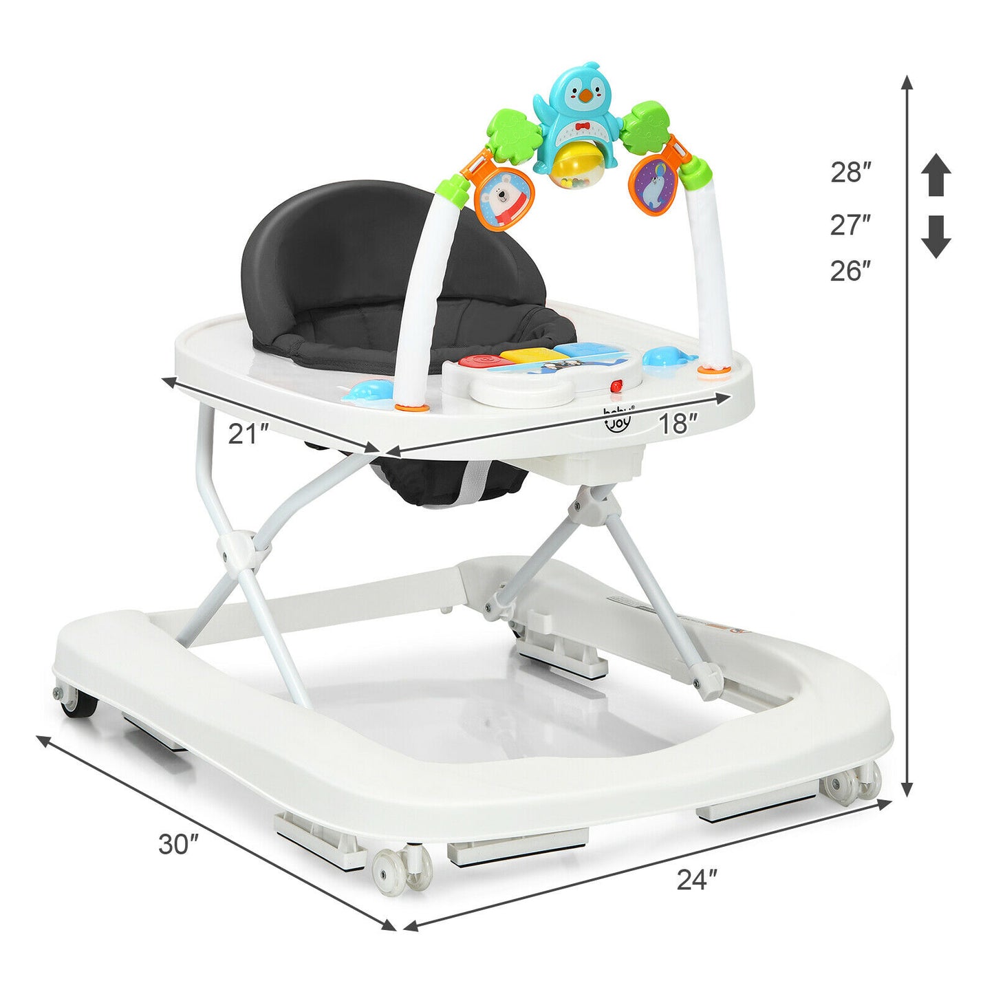 Height-adjustable 2-in-1 walker with removable gray tray