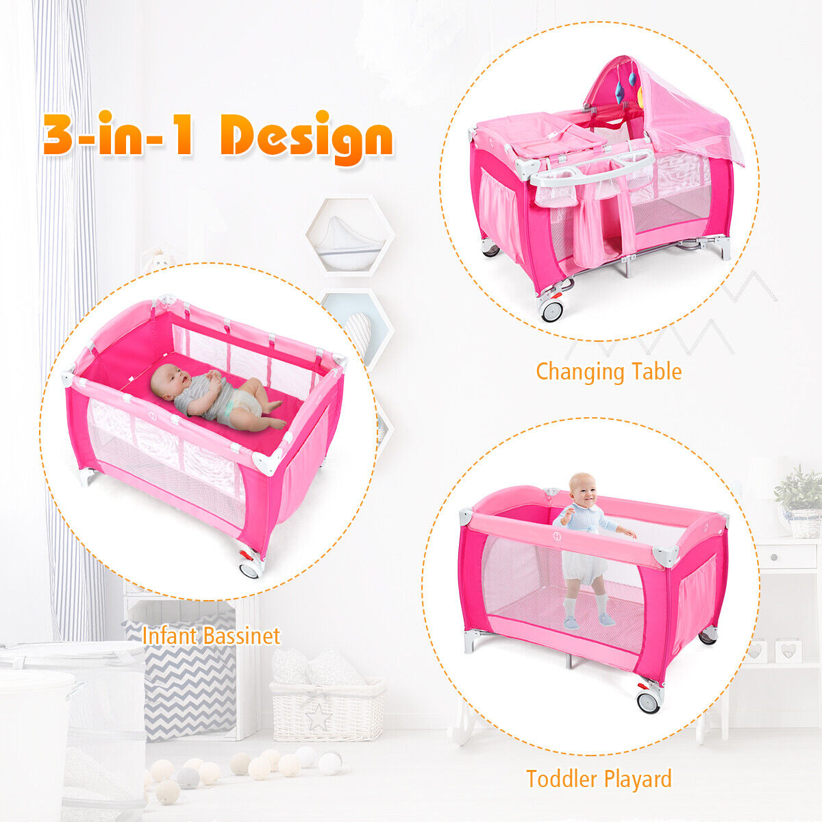 Folding Crib with Bag, Color: Pink