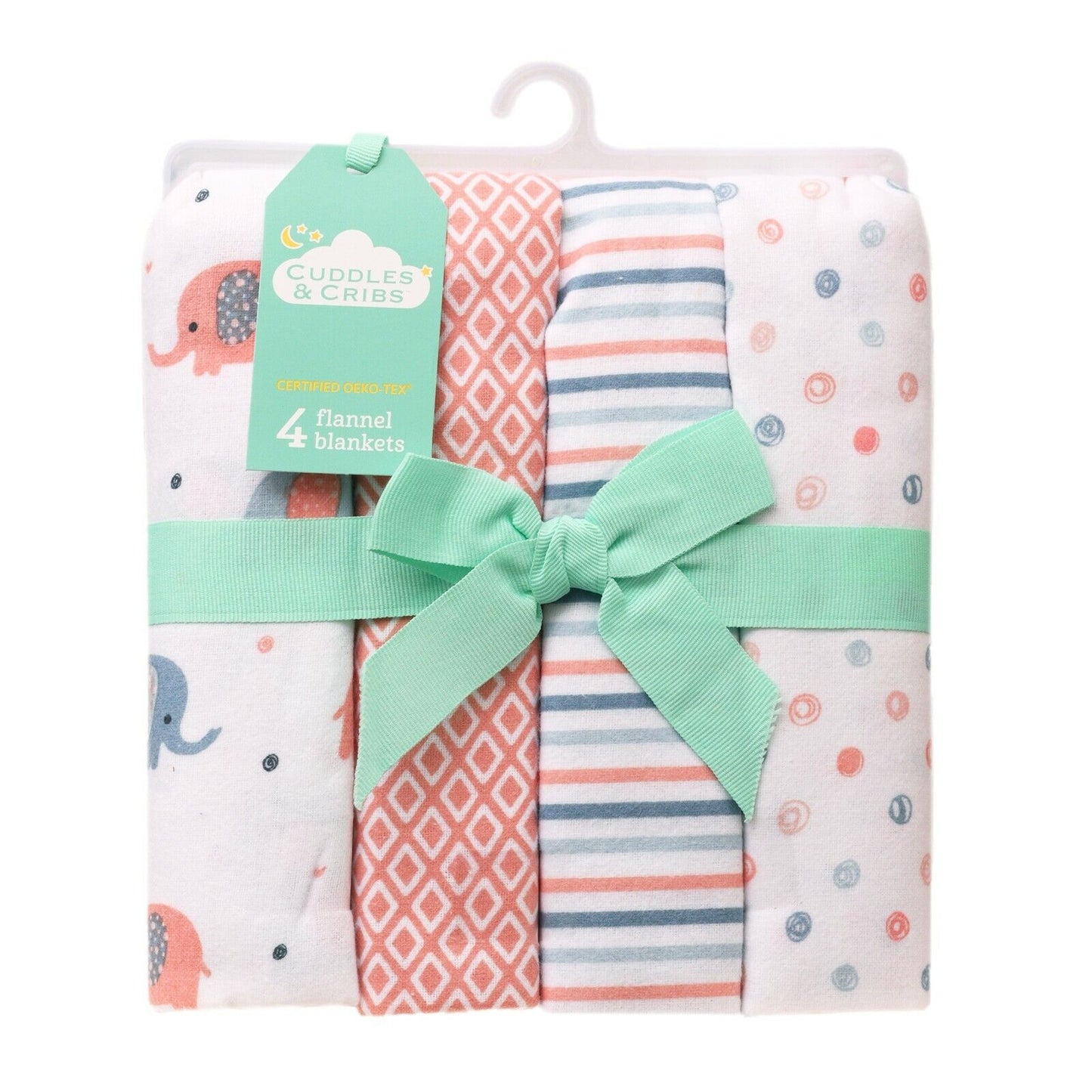 30x30” Flannel Blanket Baby, 4 Pack (Elephant & Vertical Stripes)