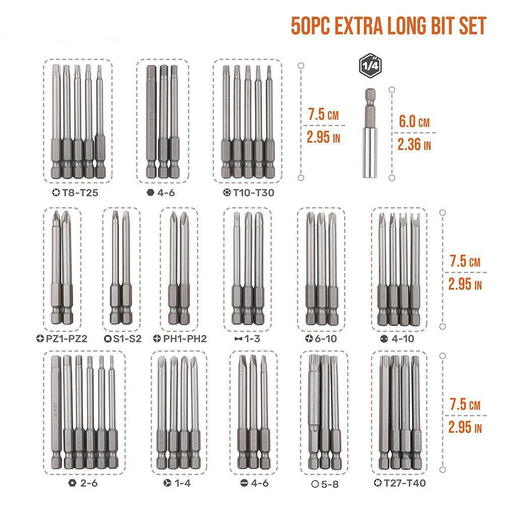 50 piece extra long torx hex flat star security bit set