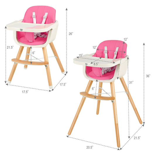 Convertible 3-in-1 wooden highchair with cushion for babies, Pink