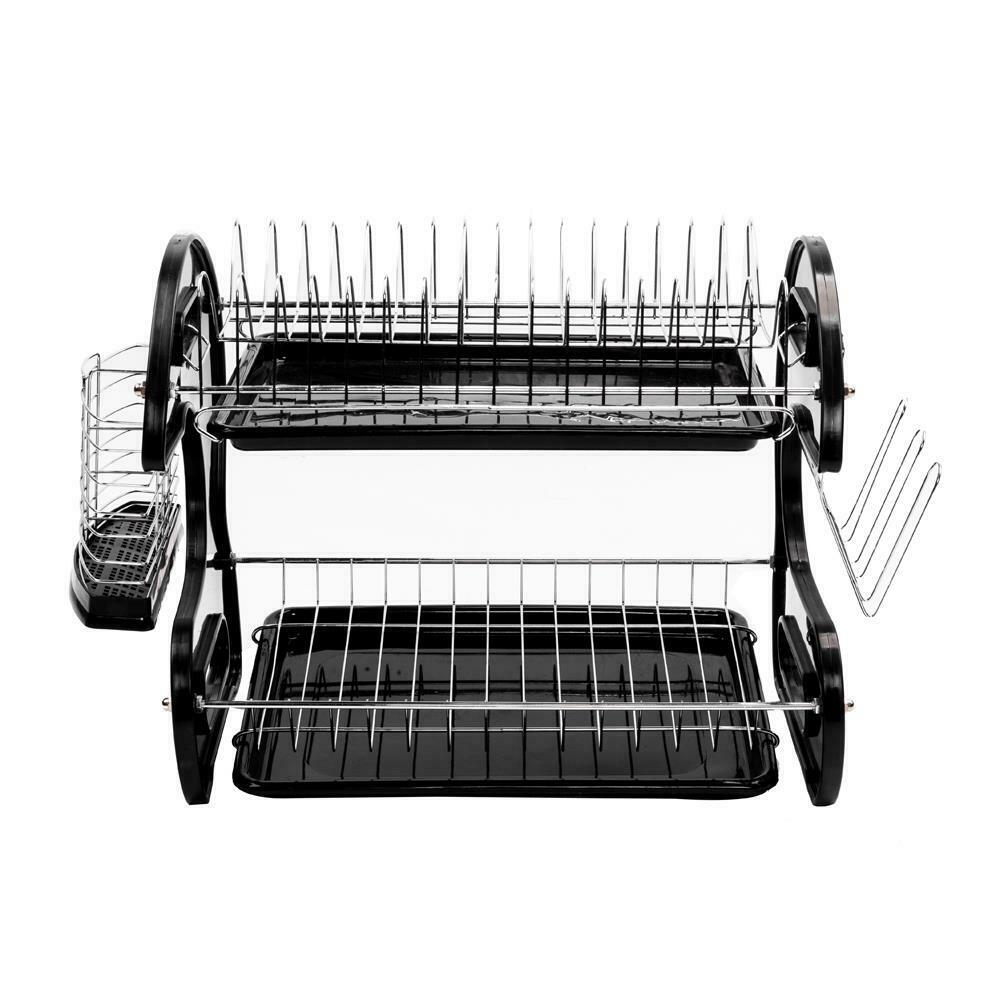 2 Tier Dish Drainer Rack Stainless Steel Black Silver Drainer