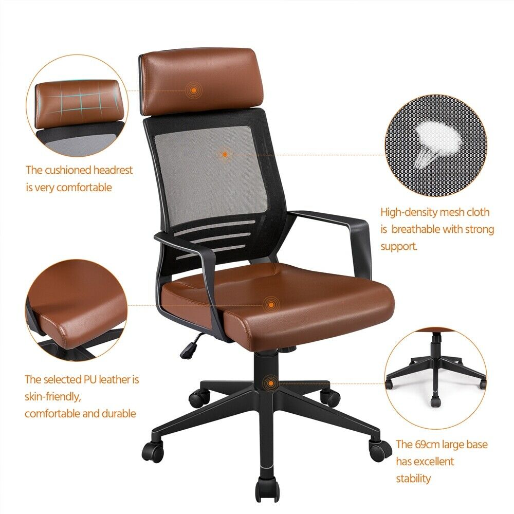 Synthetic leather seat with mesh back, brown high back