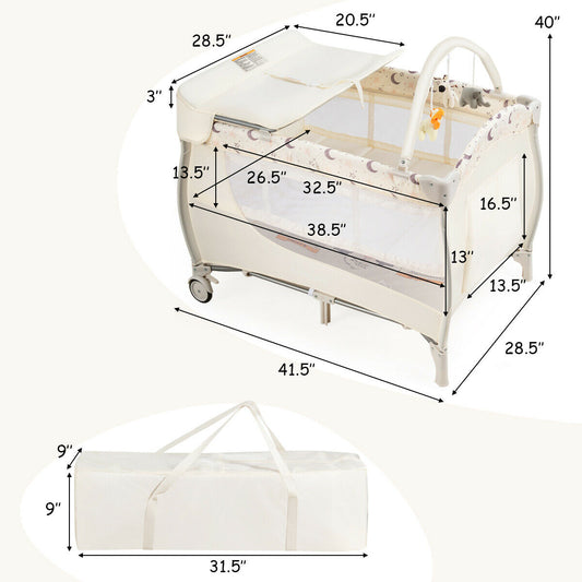 3-in-1 folding crib with bassinet for baby, color: beige