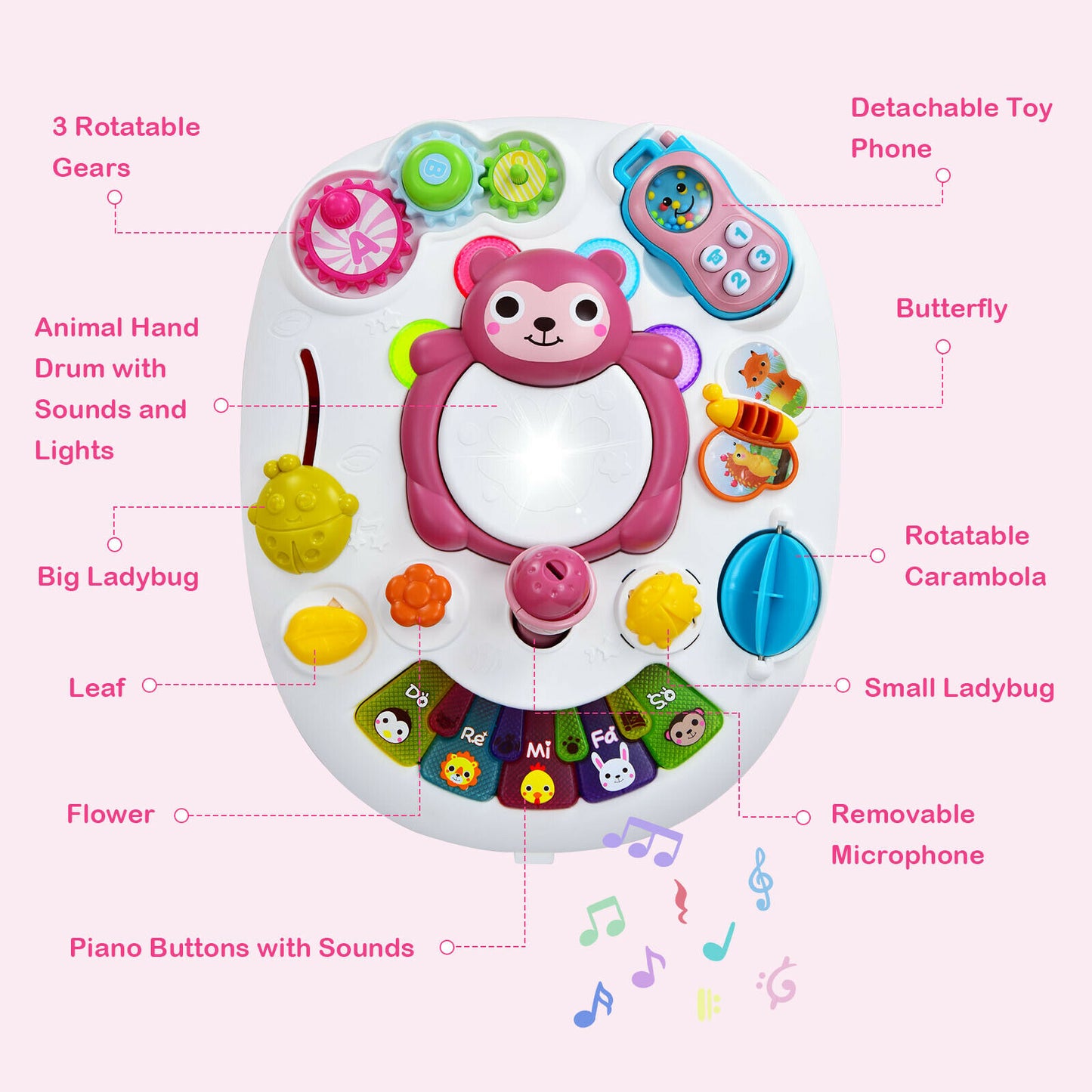 Learning walker for children with lights and sounds, pink