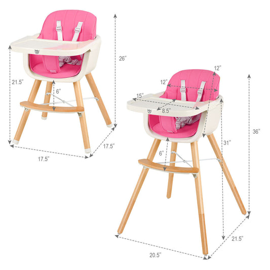 Convertible Highchair 3 in 1 for Babies in Wood, Pink