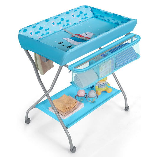 Folding diaper changing station with belt and wheels, color: Blue