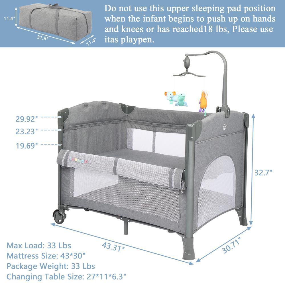 4-in-1 Convertible Cribs, Bassinet, Gray