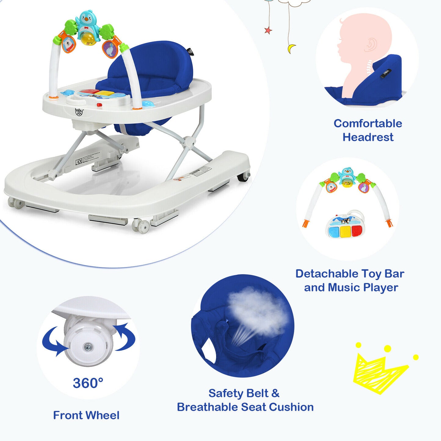 2-in-1 walker with detachable height-adjustable toy tray Blue