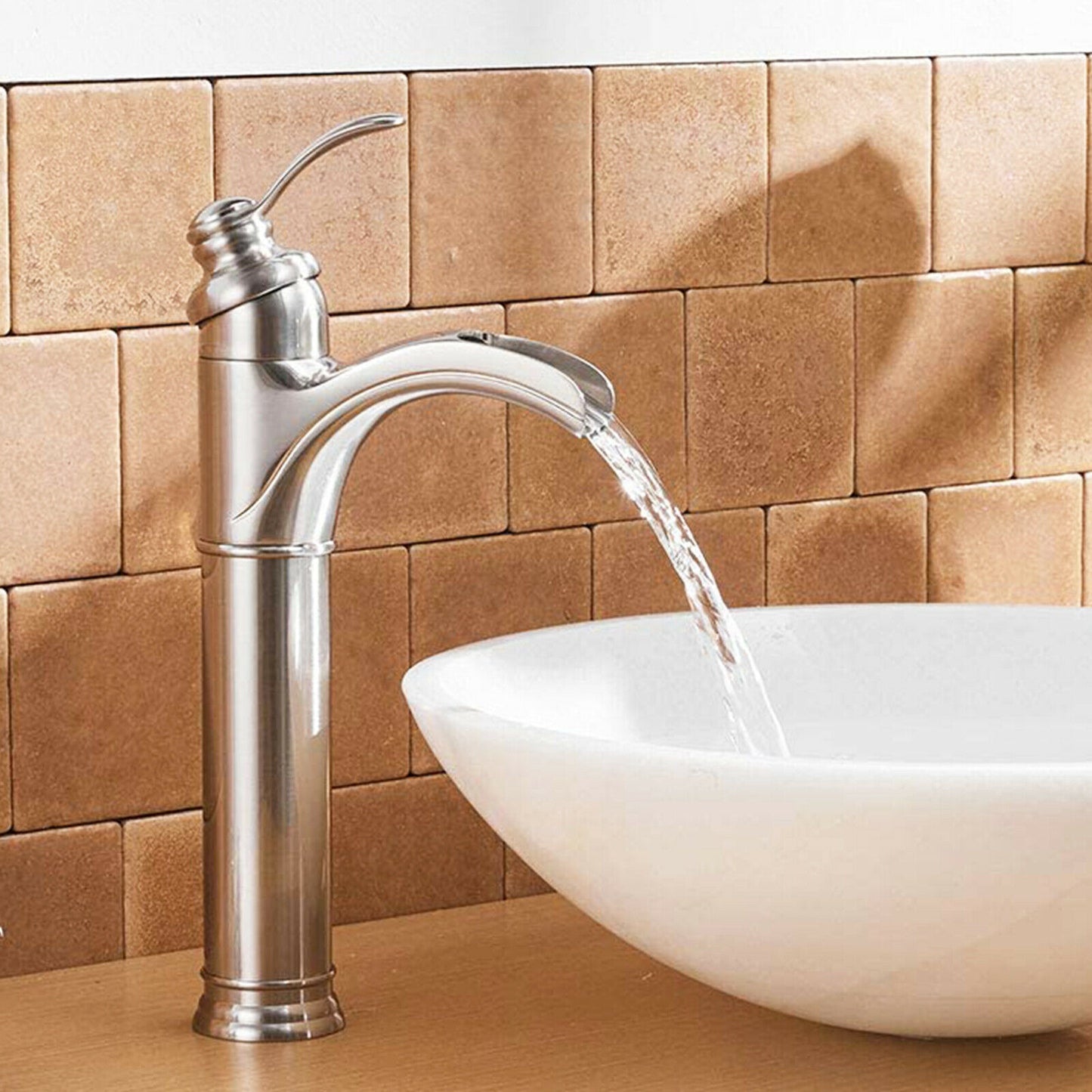 Tall Brushed Nickel Waterfall Faucet with Drain