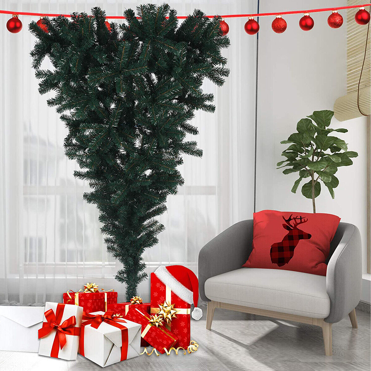 5 Foot Upside Down Artificial Christmas Tree, Metal Stand