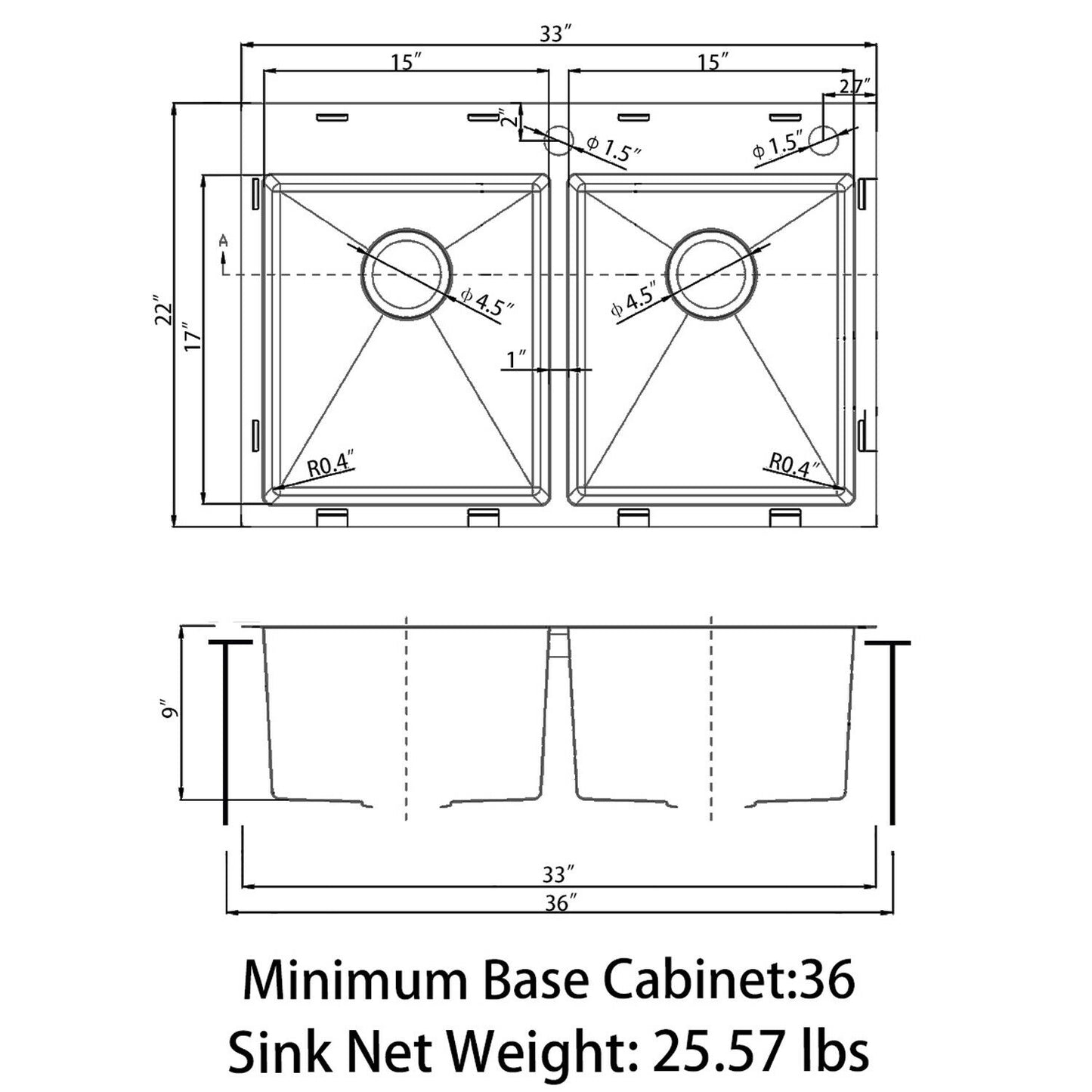 33" Double Bowl 304 Stainless Steel Sink