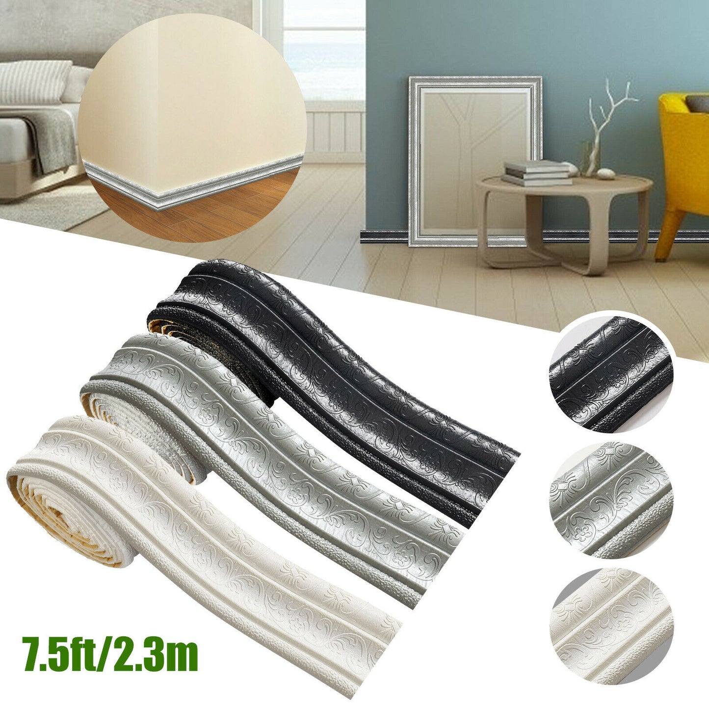 1 Pcs 3D 7.5ft Waterproof Wall Border, (Color:Black)