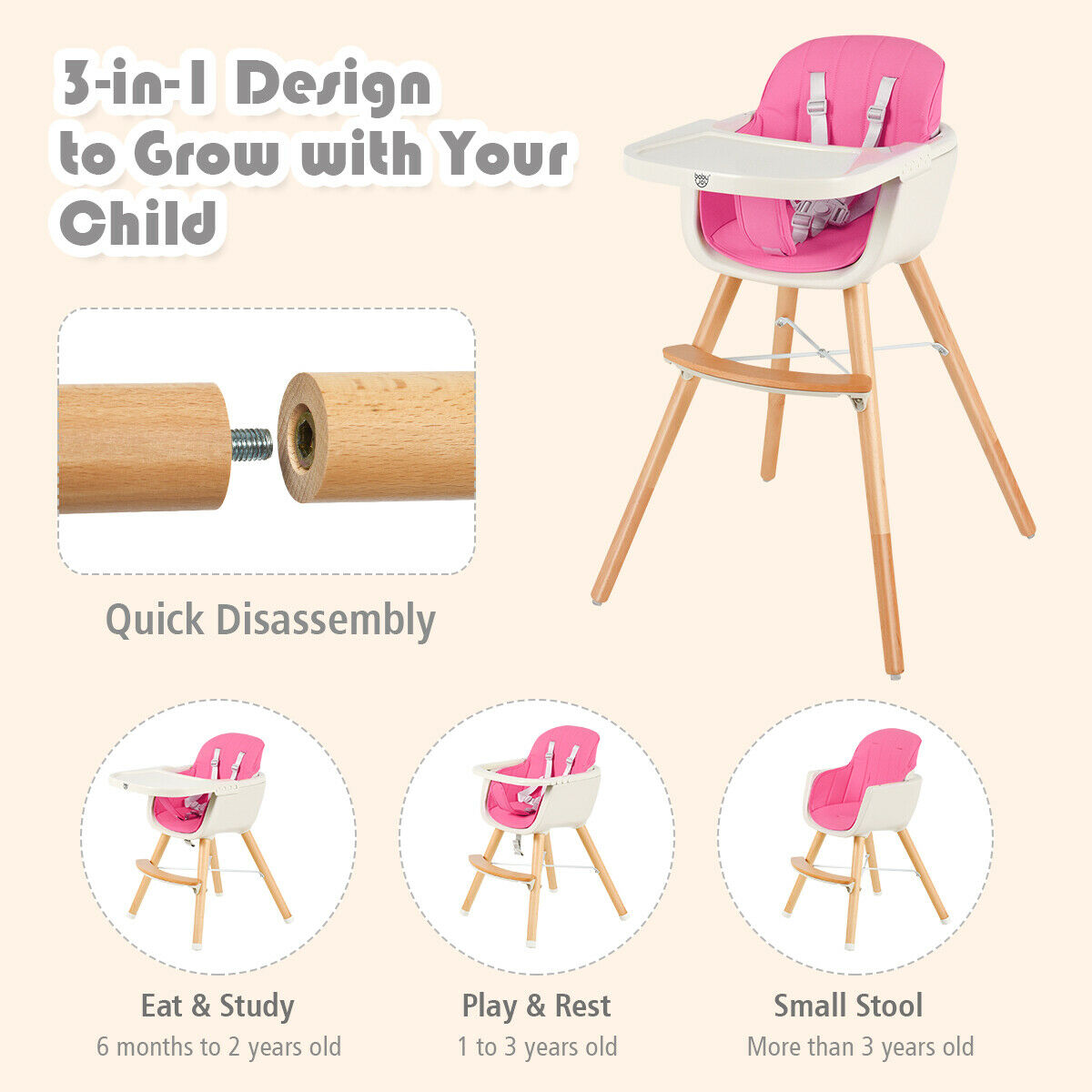 Convertible 3-in-1 wooden highchair with cushion for babies, Pink