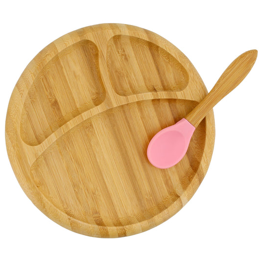 Bamboo plate with spoon for baby, color: pink