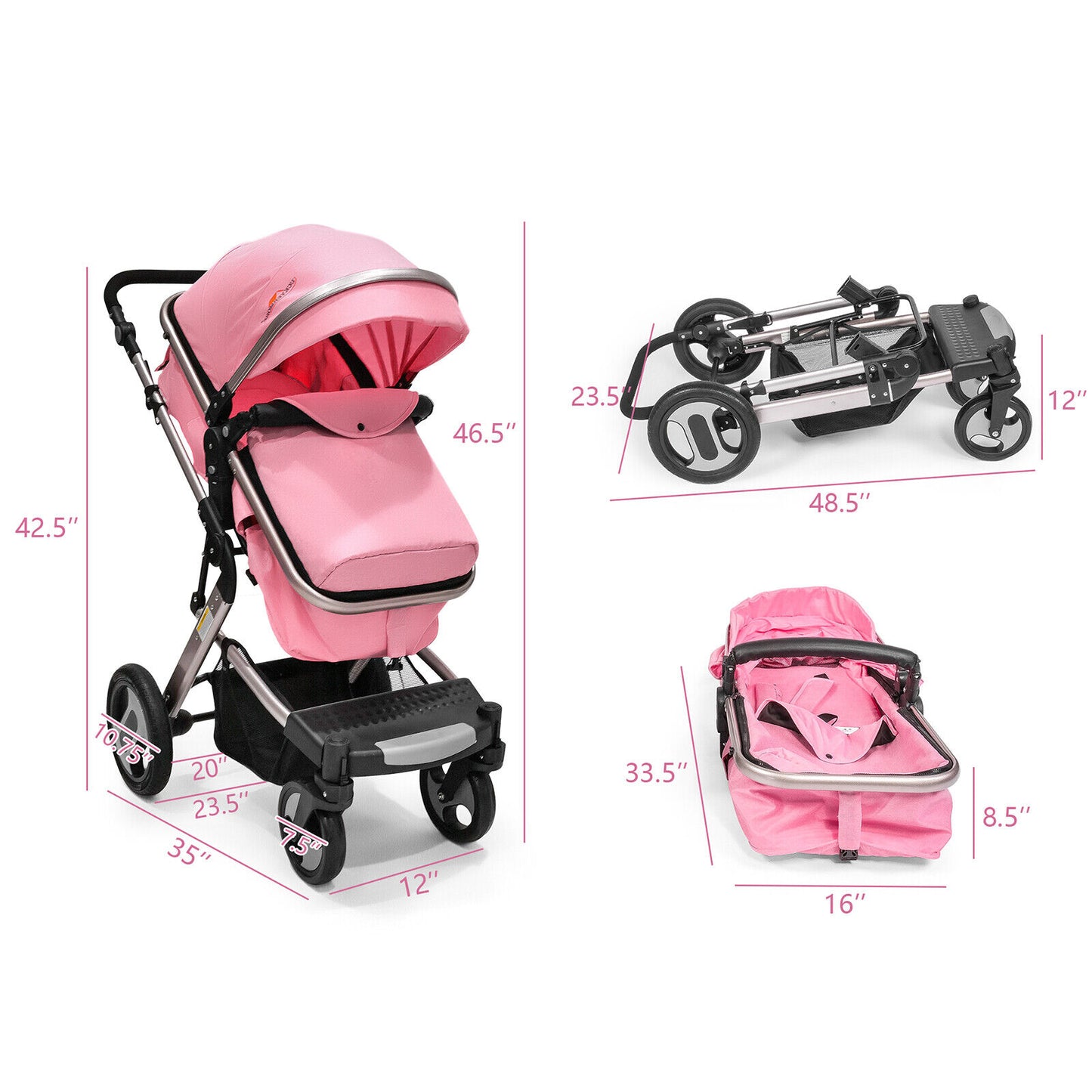 Baby stroller 2 in 1, Pink