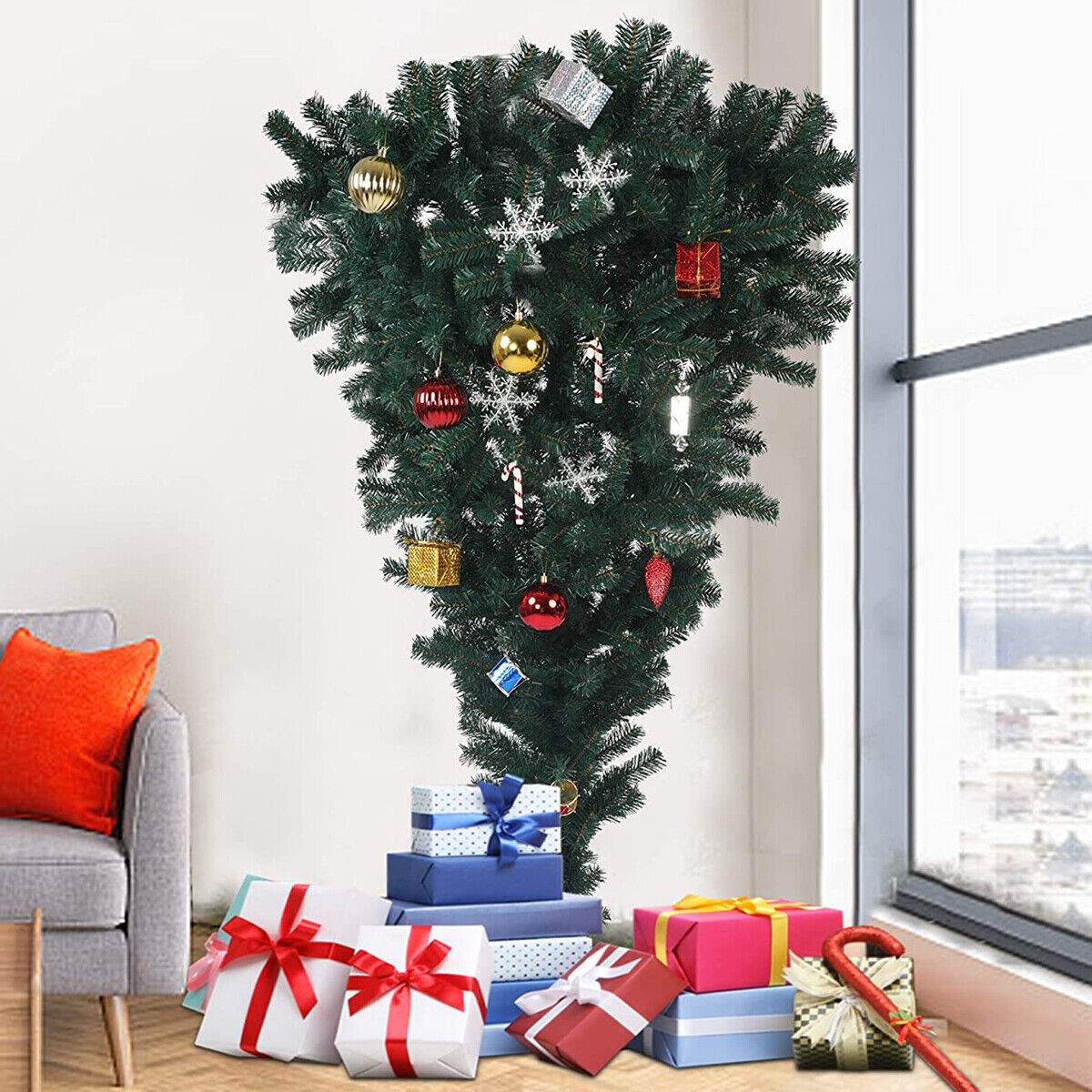 5 Foot Upside Down Artificial Christmas Tree, Metal Stand