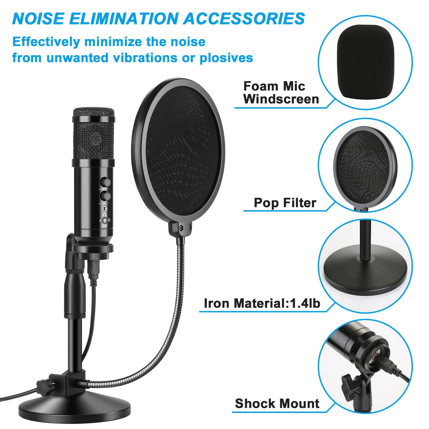 USB 2.0 Condenser Microphones+Table Stand+Pop Filter for Laptops