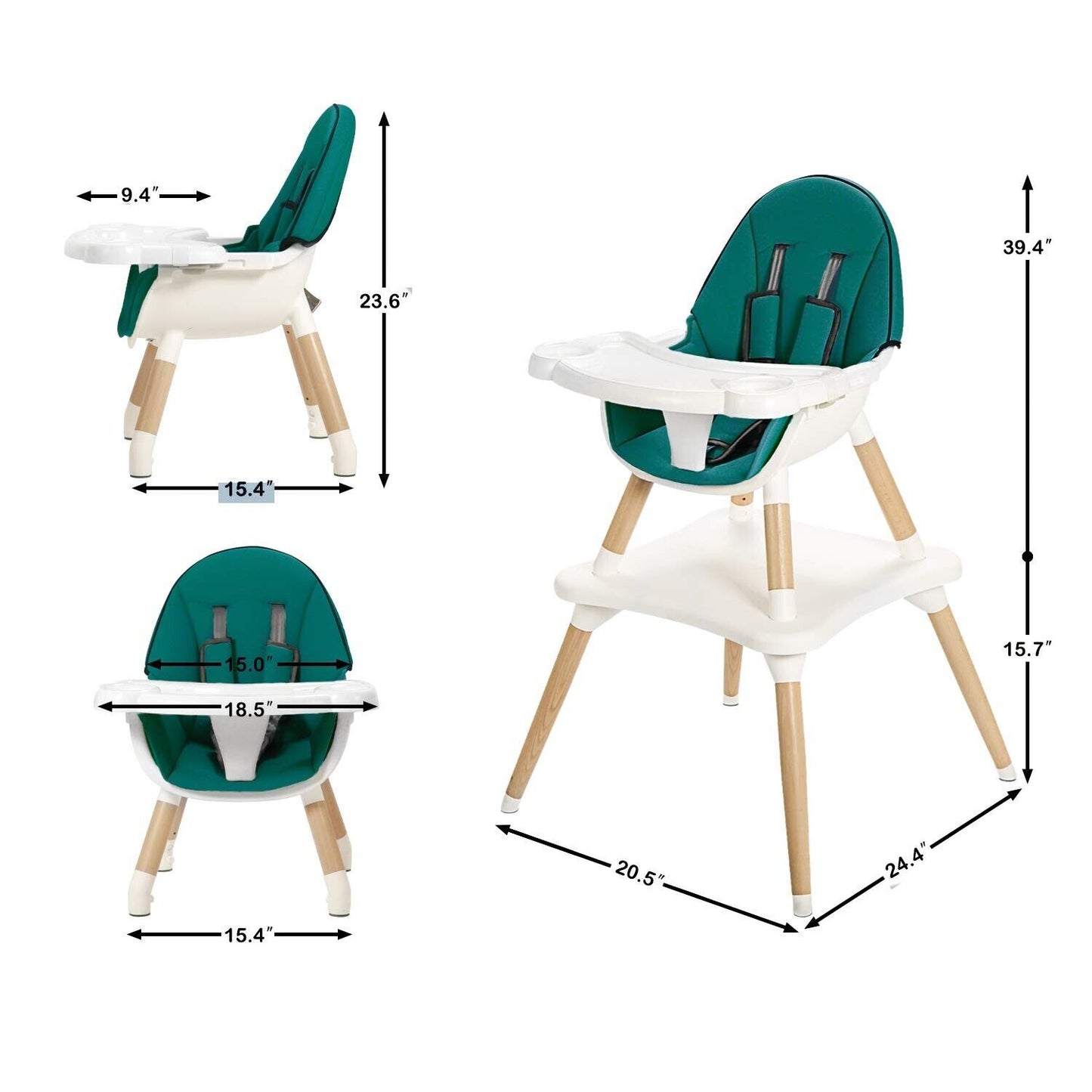 3-in-1 Convertible Wood Baby Highchair Set, Green