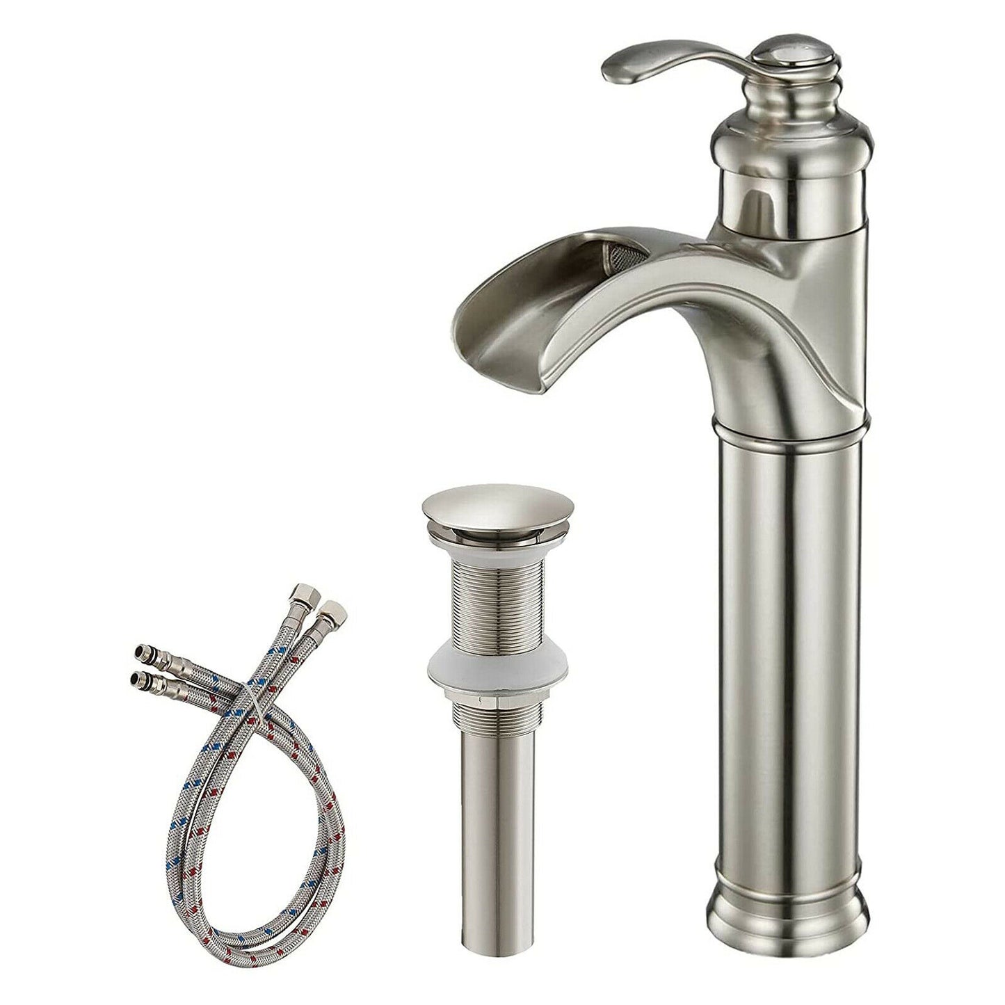 Tall Brushed Nickel Waterfall Faucet with Drain