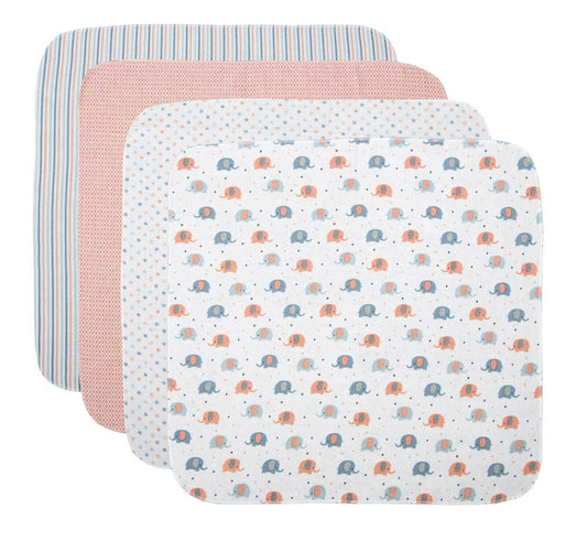 30x30” Flannel Blanket Baby, 4 Pack (Elephant & Vertical Stripes)