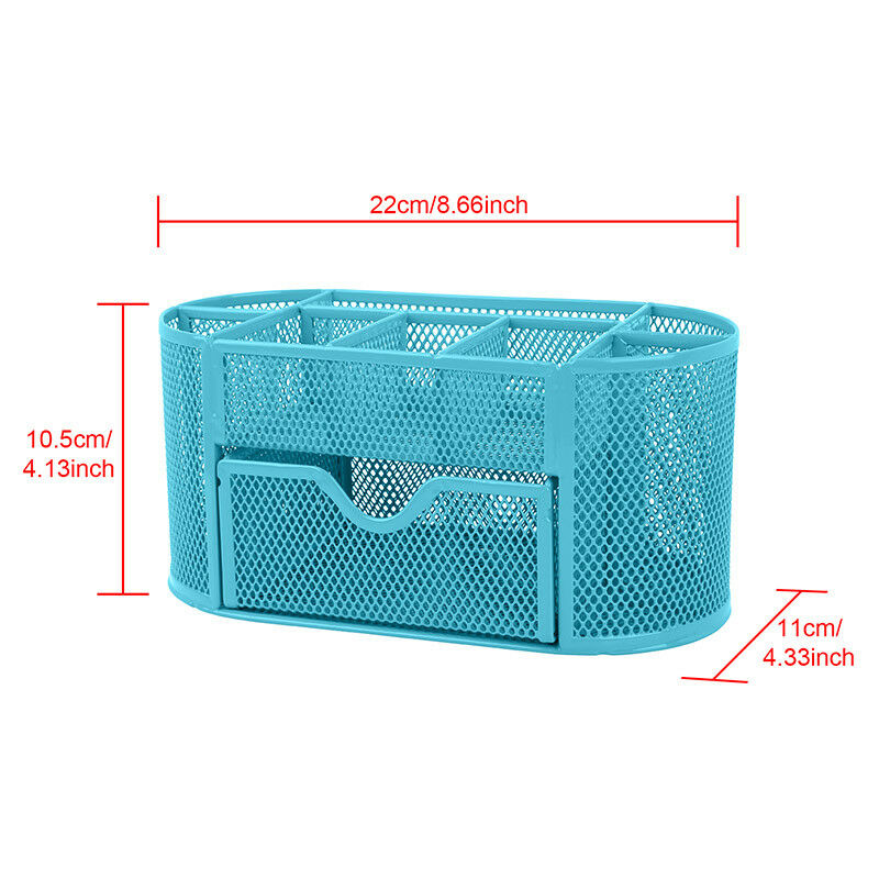 Mesh Metal Office Pen Holder Tray, Blue