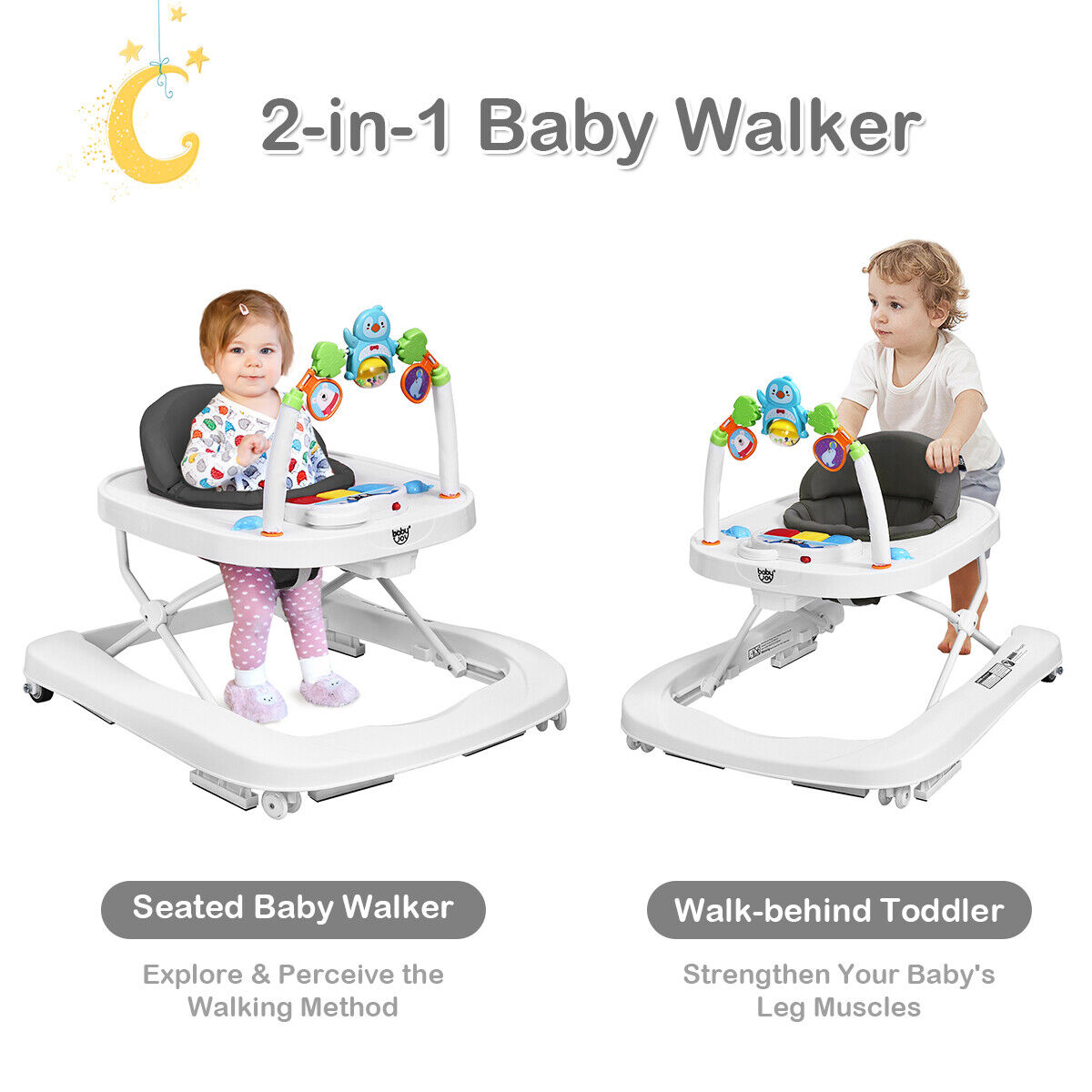 Height-adjustable 2-in-1 walker with removable gray tray