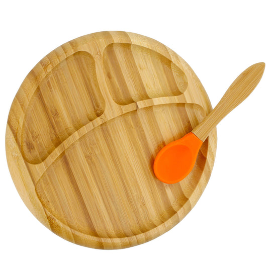 Bamboo plate with spoon for baby, color: orange