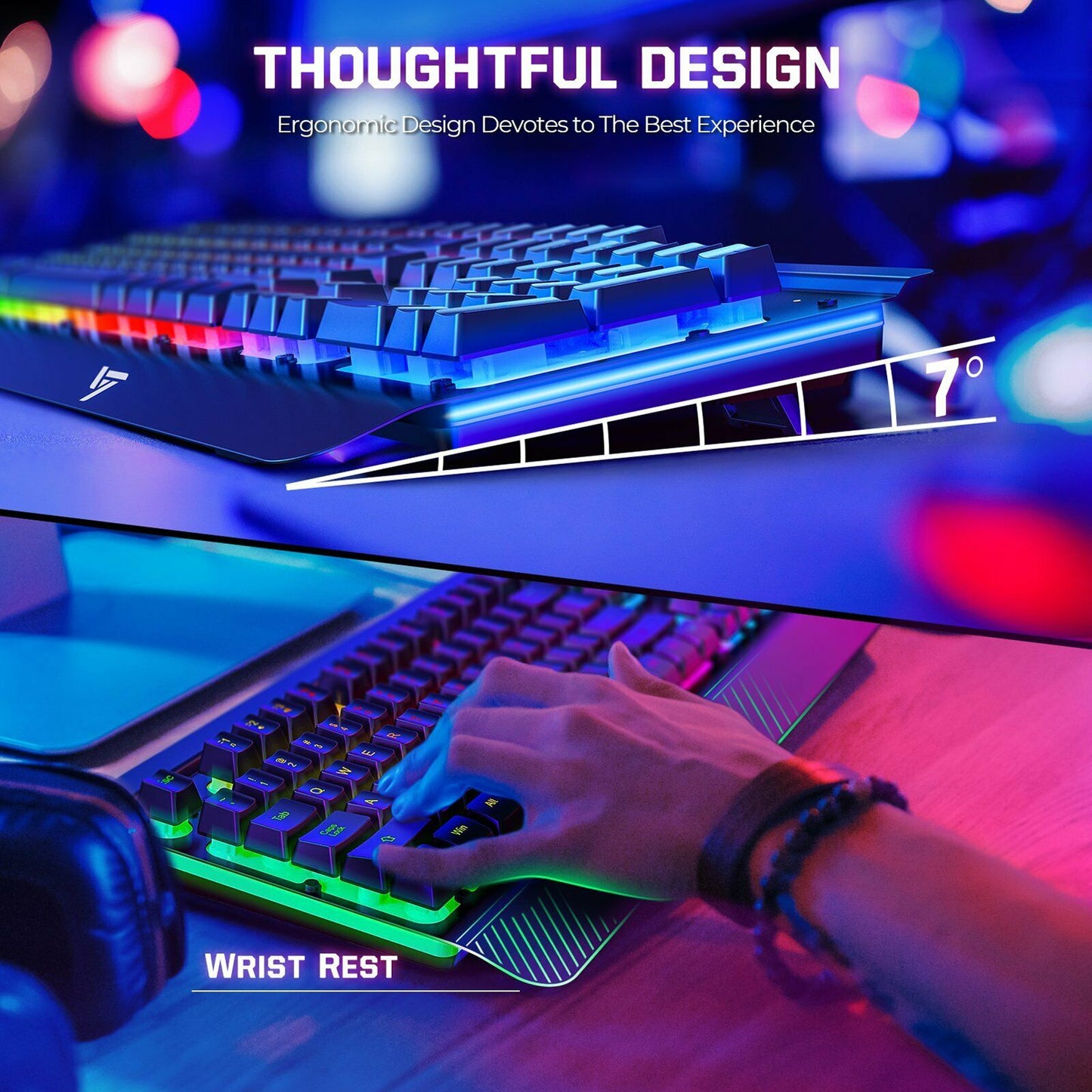 Rechargeable Wireless Gaming Keyboard, Rainbow LED