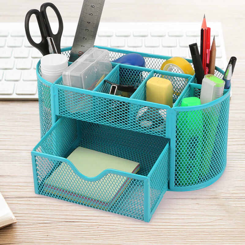 Mesh Metal Office Pen Holder Tray, Blue