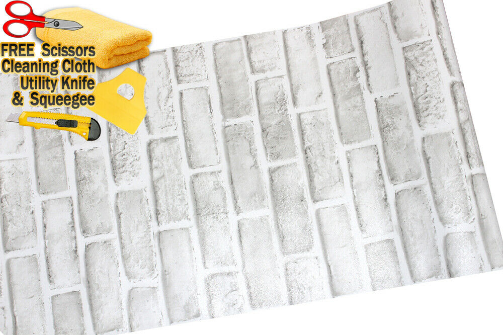 3D Brick Stone Wallpaper White Gray Vinyl Film Sticker (36"*24")