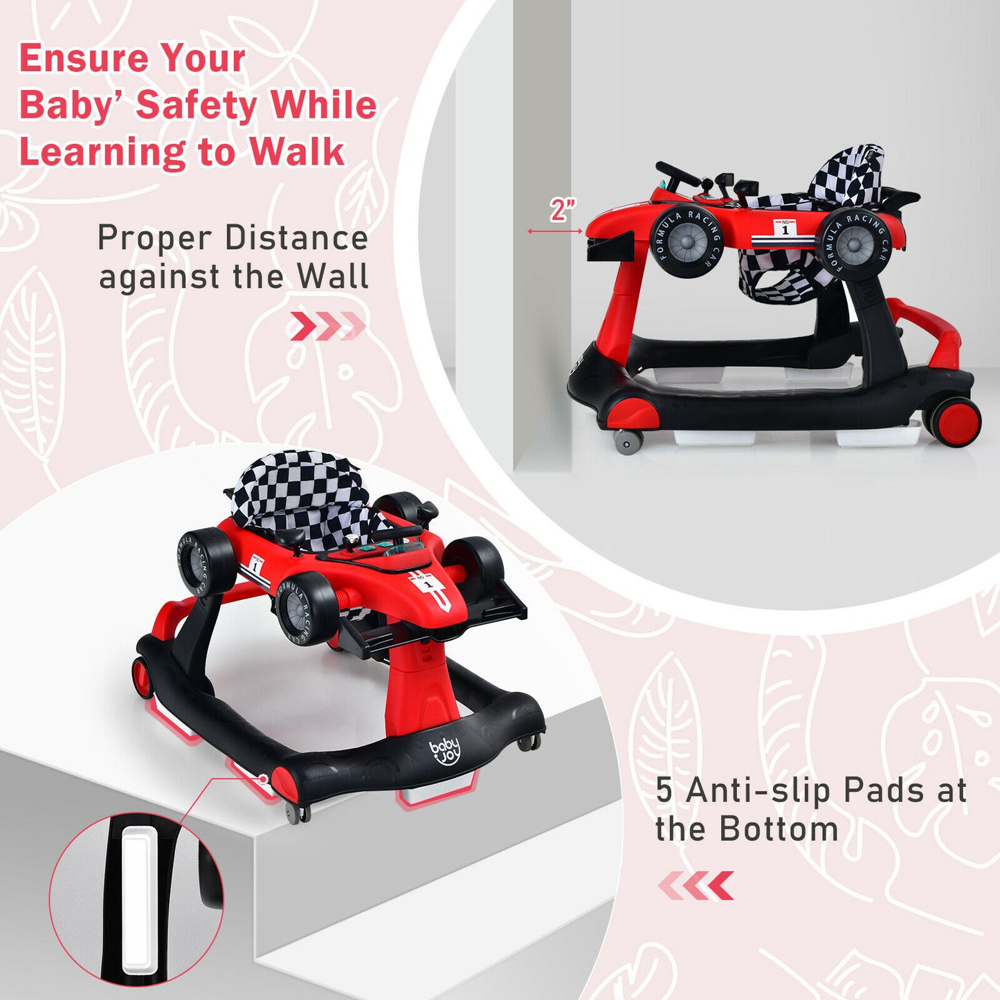 4-in-1 Foldable Activity Push Walker Adjustable Height, Red