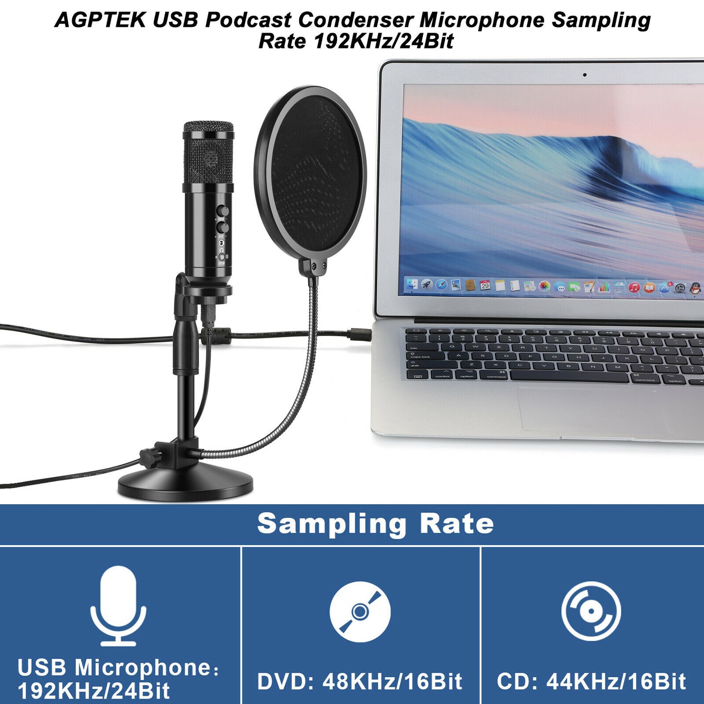 USB 2.0 Condenser Microphones+Table Stand+Pop Filter for Laptops