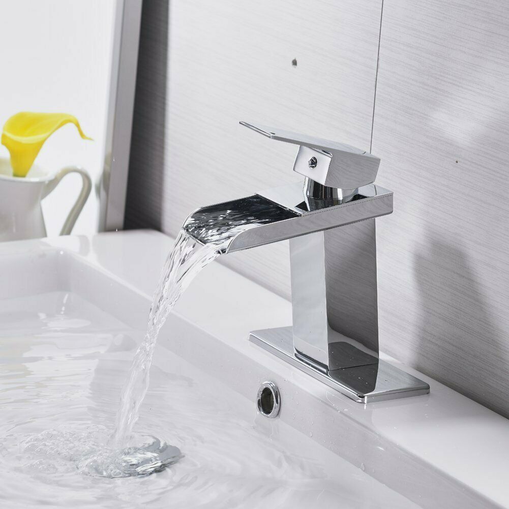 Bathroom faucet with chrome waterfall spout