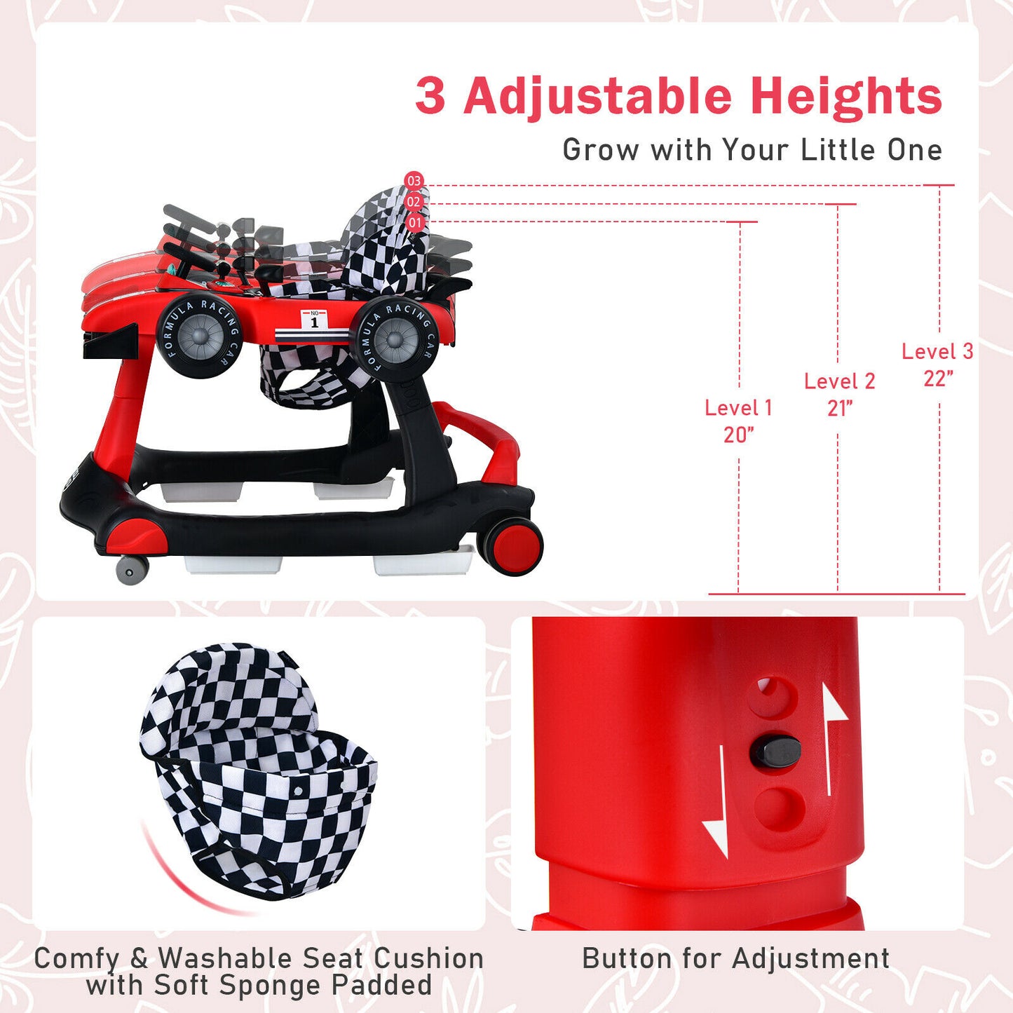 4-in-1 Foldable Activity Push Walker Adjustable Height, Red