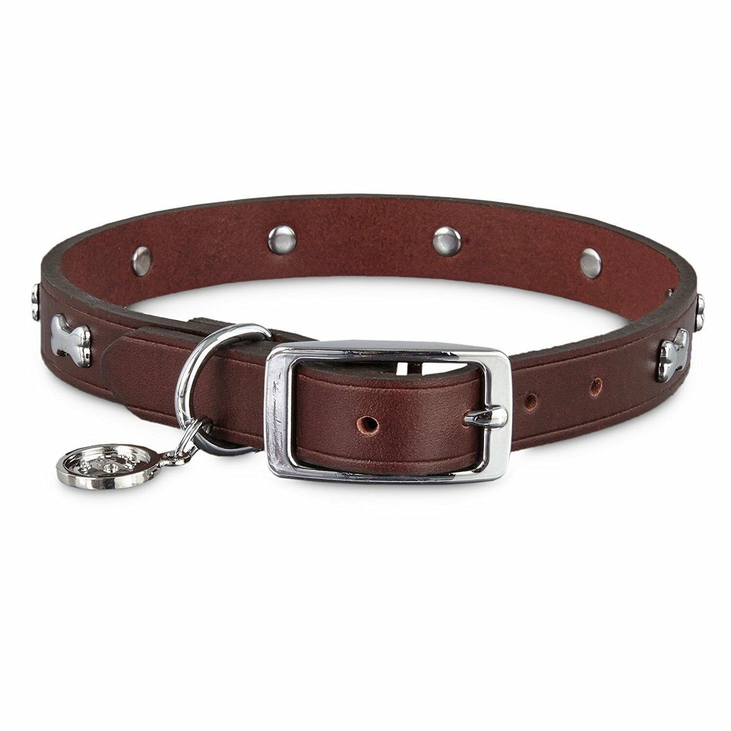 Brown Leather Bone Studded Pet Collar, Neck Sizes 15-18, Medium