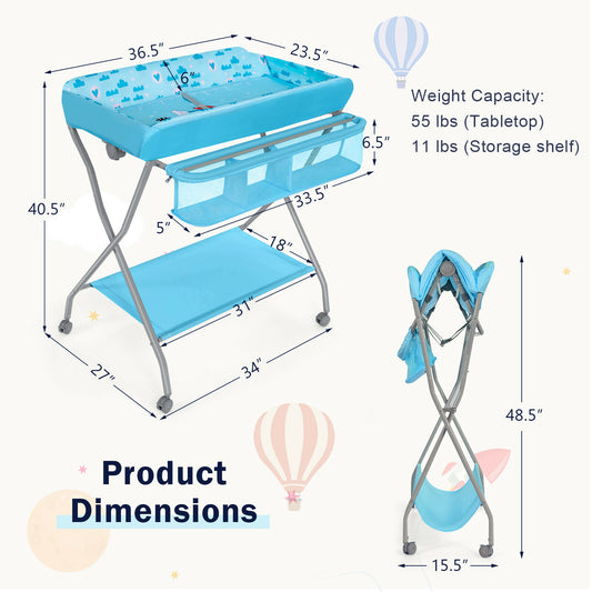 Folding diaper changing station with belt and wheels, color: Blue