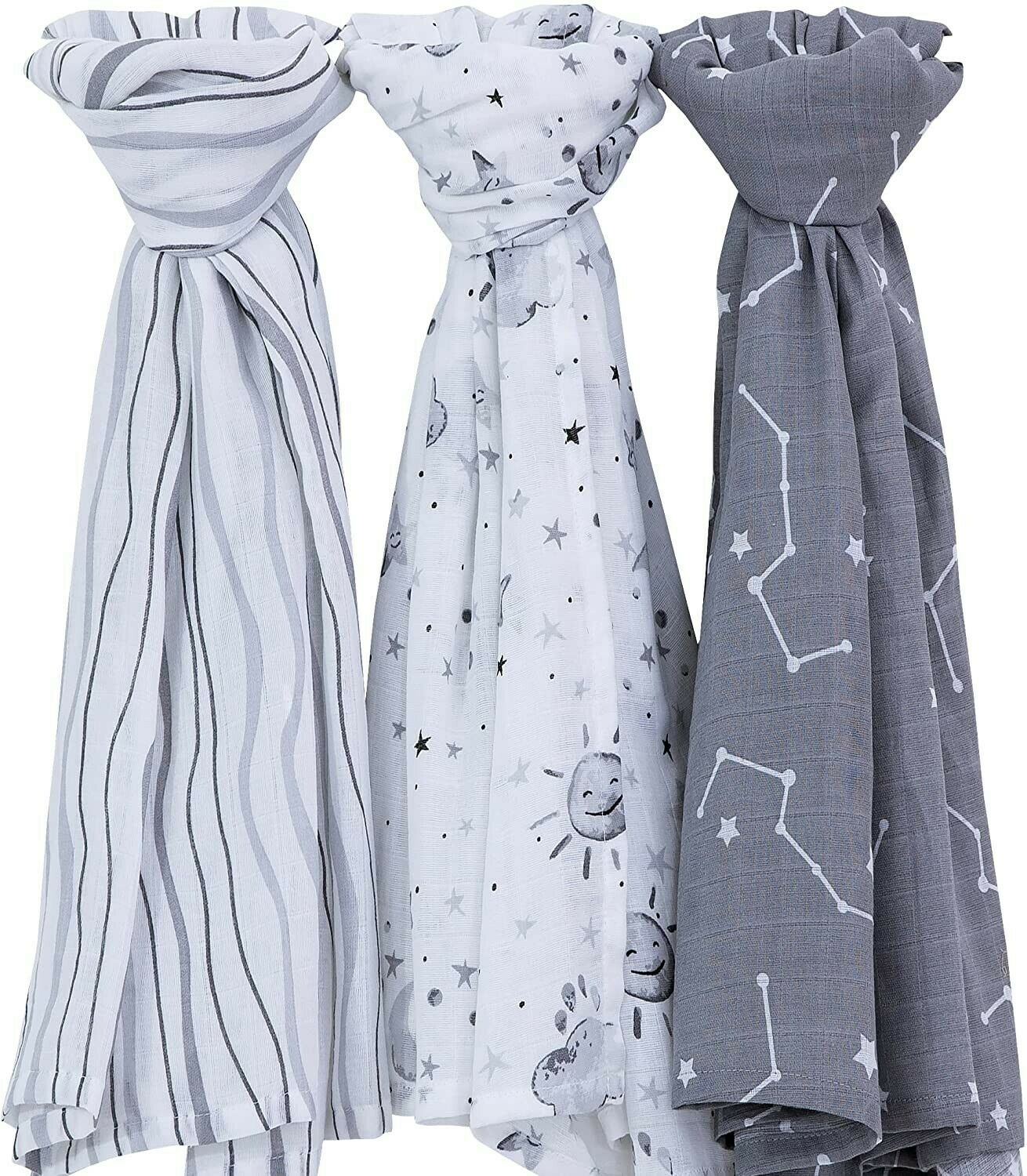 3-Pack Muslin Newborn Swaddle Blankets, Gray