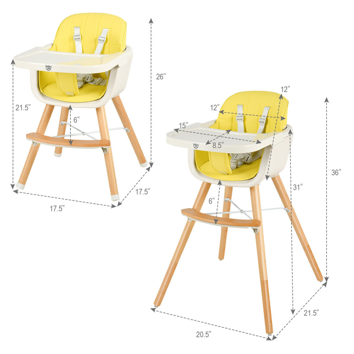 Convertible 3-in-1 wooden highchair for babies, yellow cushion