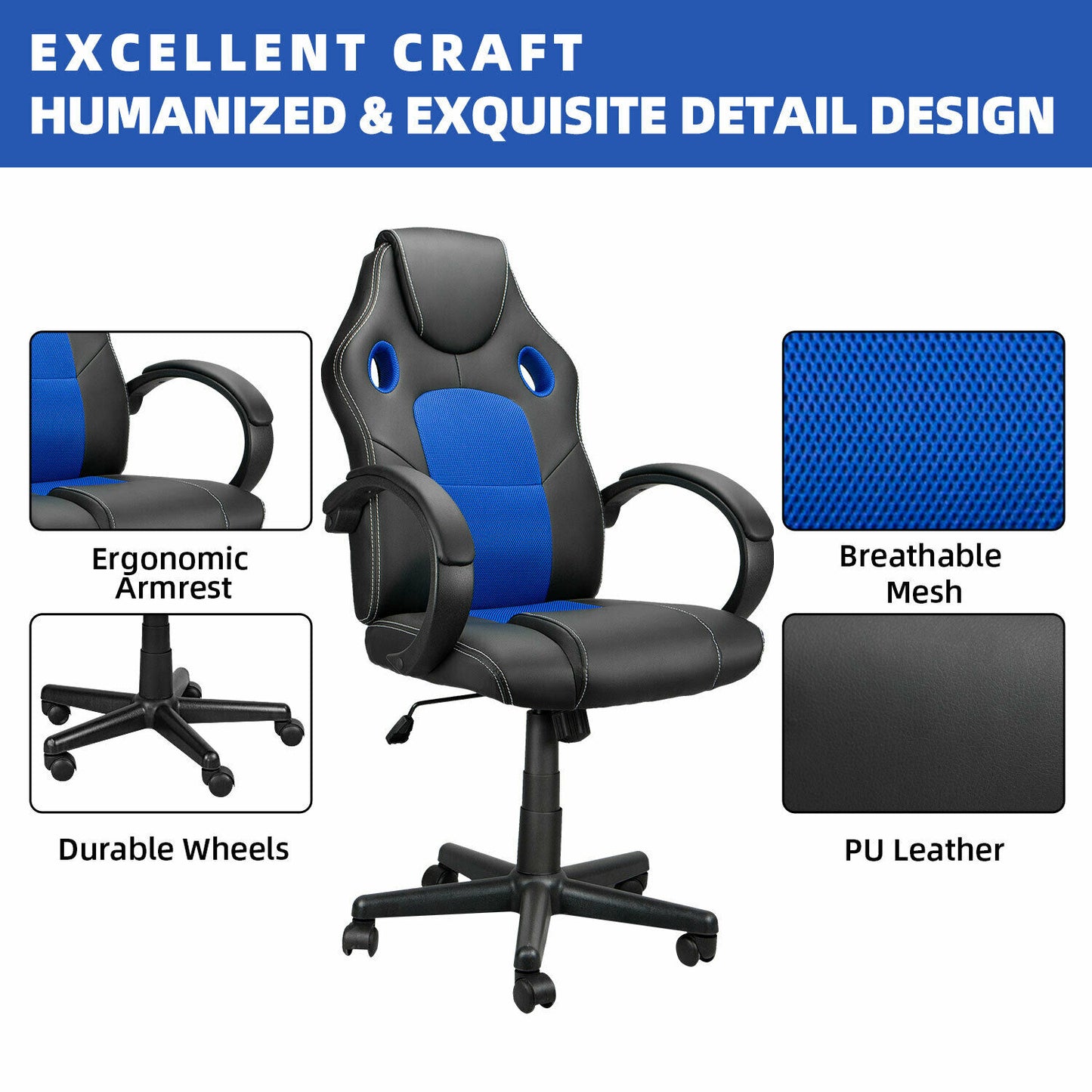 Swivel Desk Chair, Reclining, Color: Blue