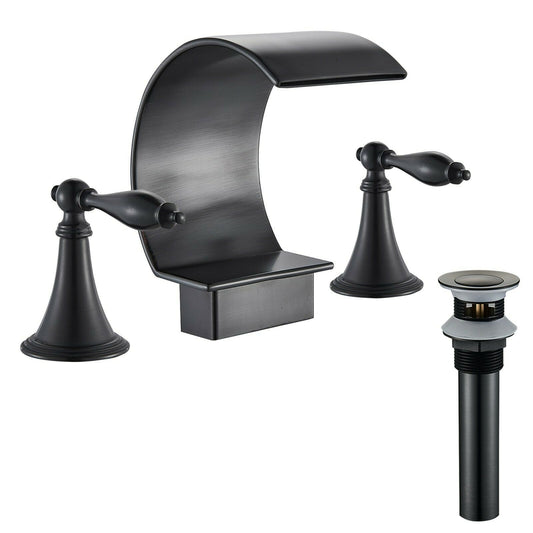 8" Matte Black Waterfall Bathroom Faucet 3 Hole Mixer with Drain